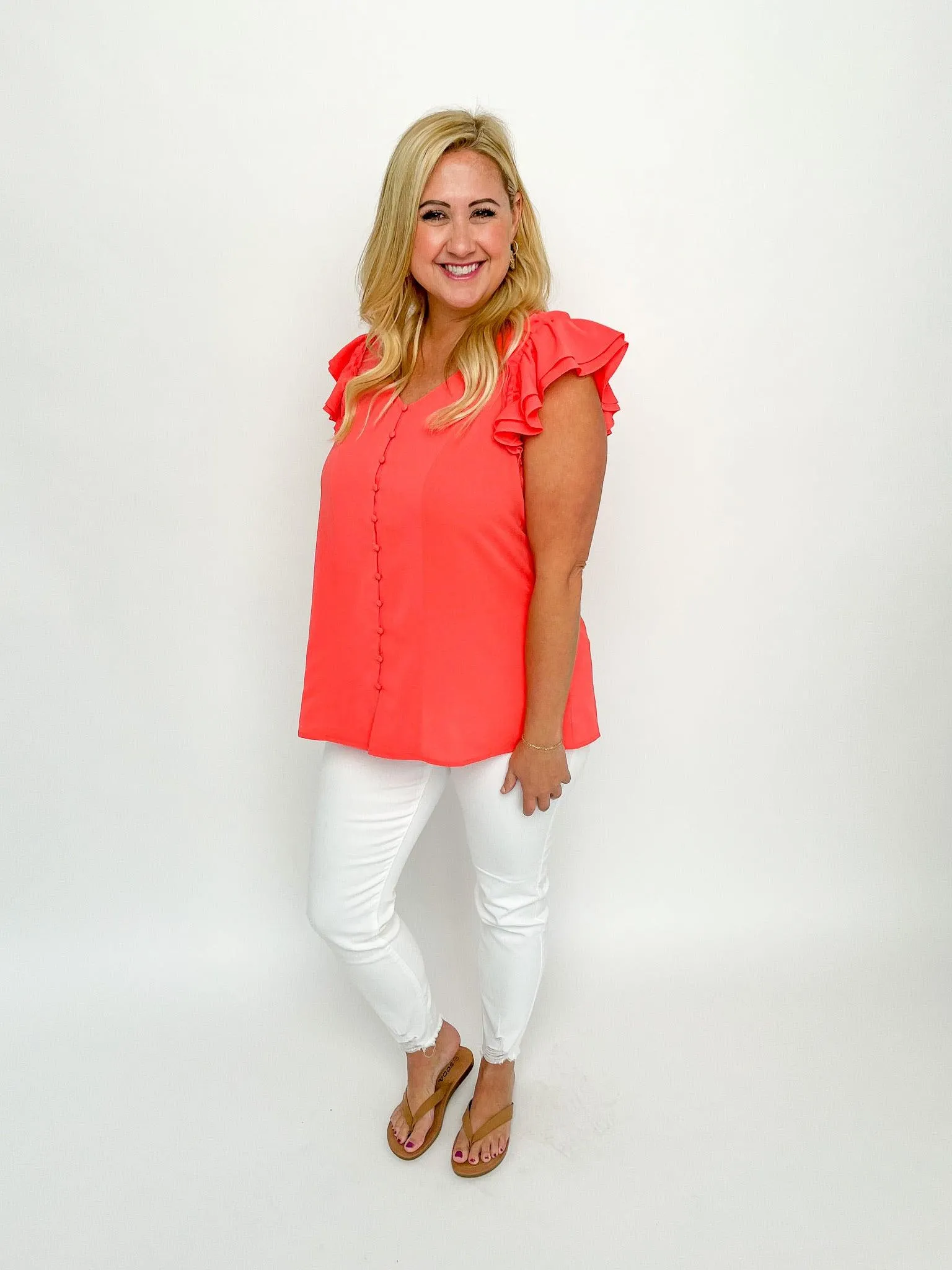 Coral Buttoned Ruffle Top