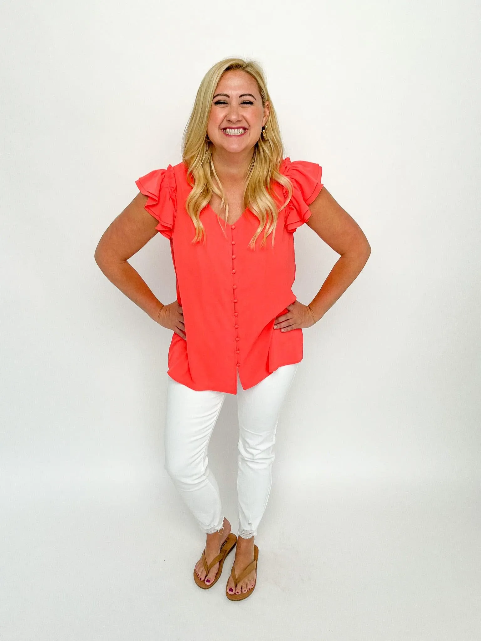 Coral Buttoned Ruffle Top