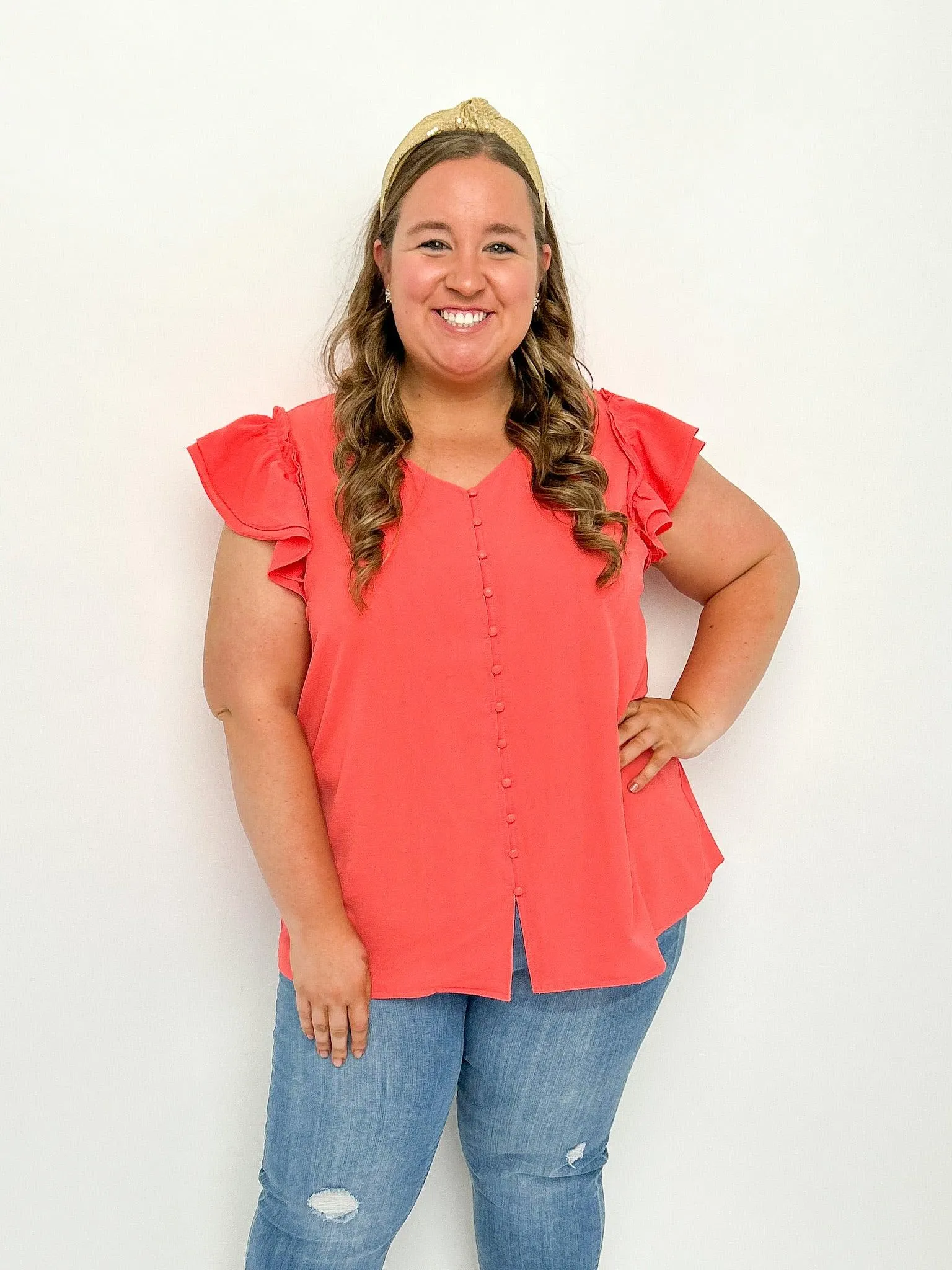 Coral Buttoned Ruffle Top