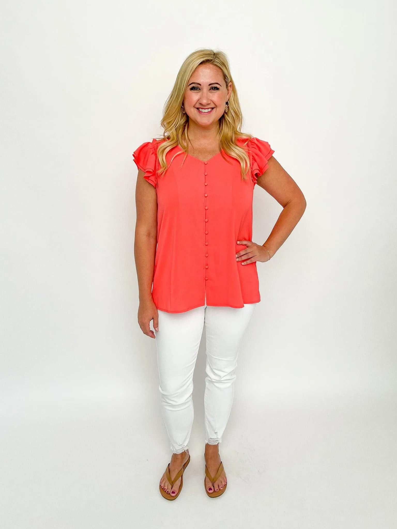 Coral Buttoned Ruffle Top