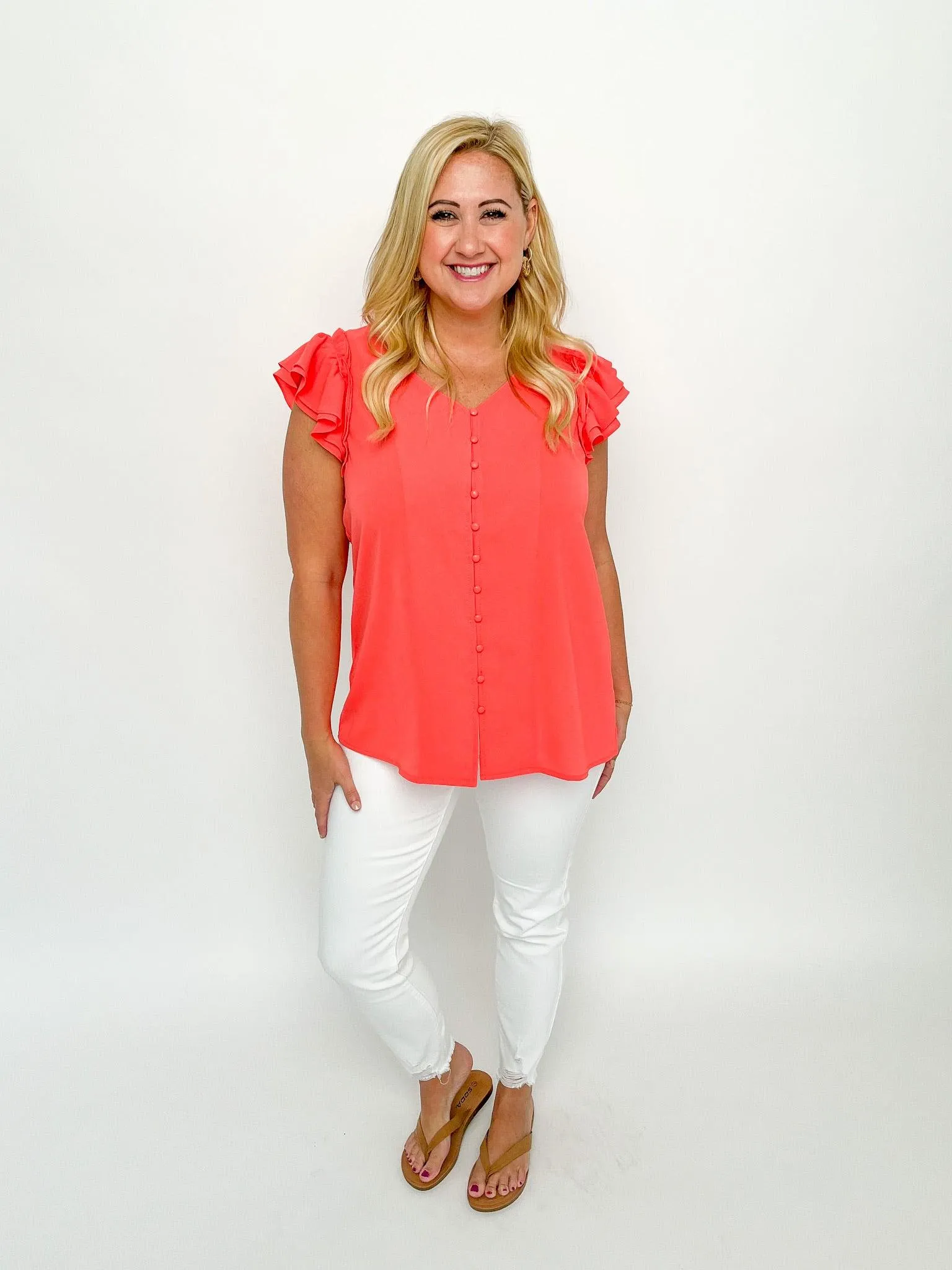 Coral Buttoned Ruffle Top