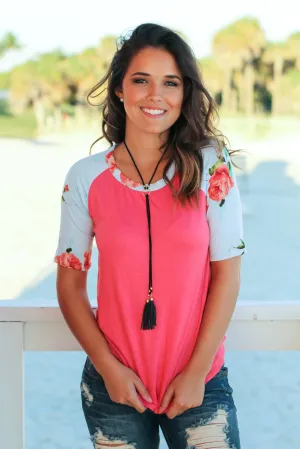 Coral Top with Floral Sleeves