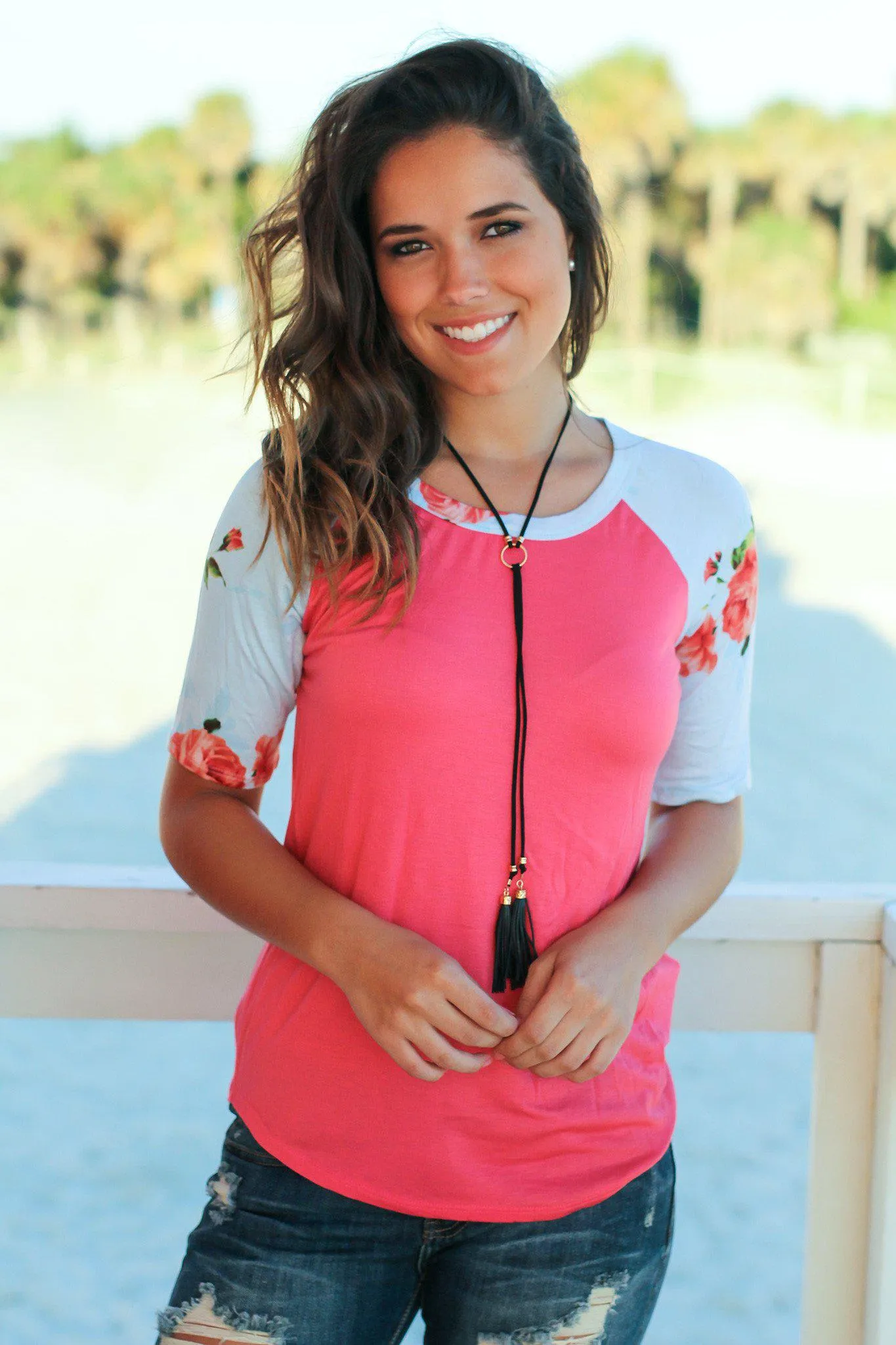 Coral Top with Floral Sleeves