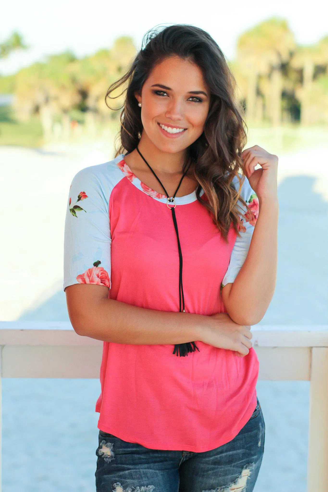 Coral Top with Floral Sleeves