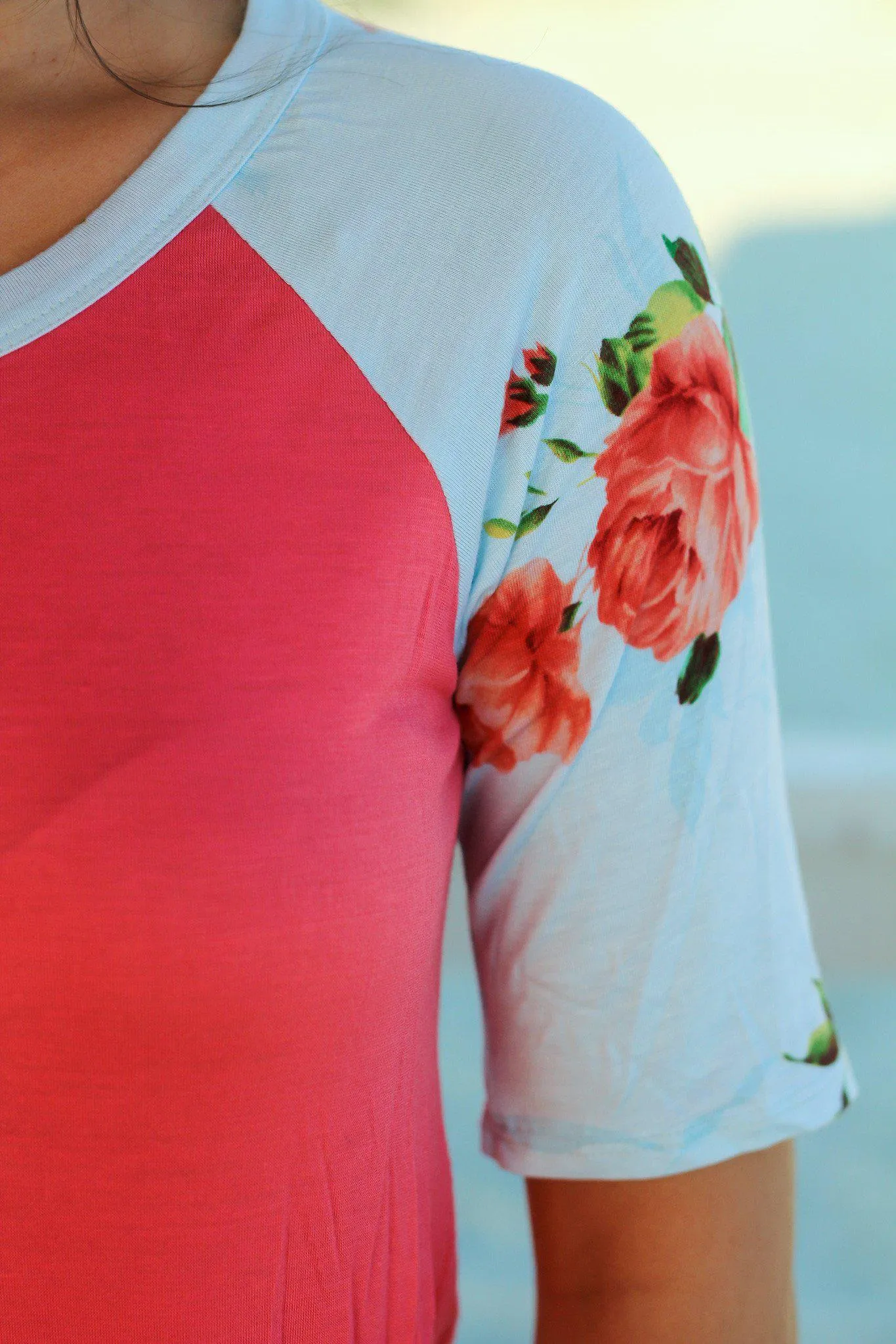 Coral Top with Floral Sleeves