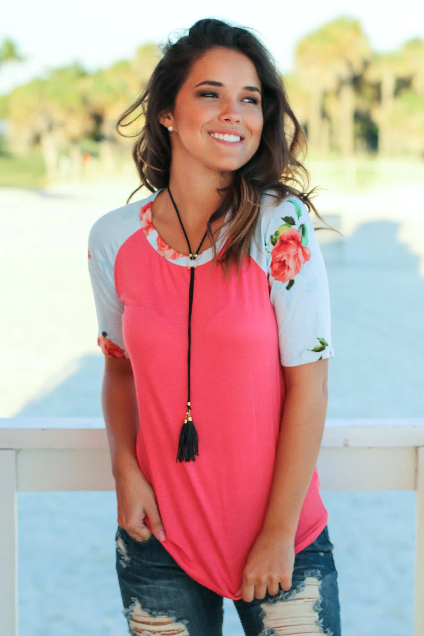 Coral Top with Floral Sleeves