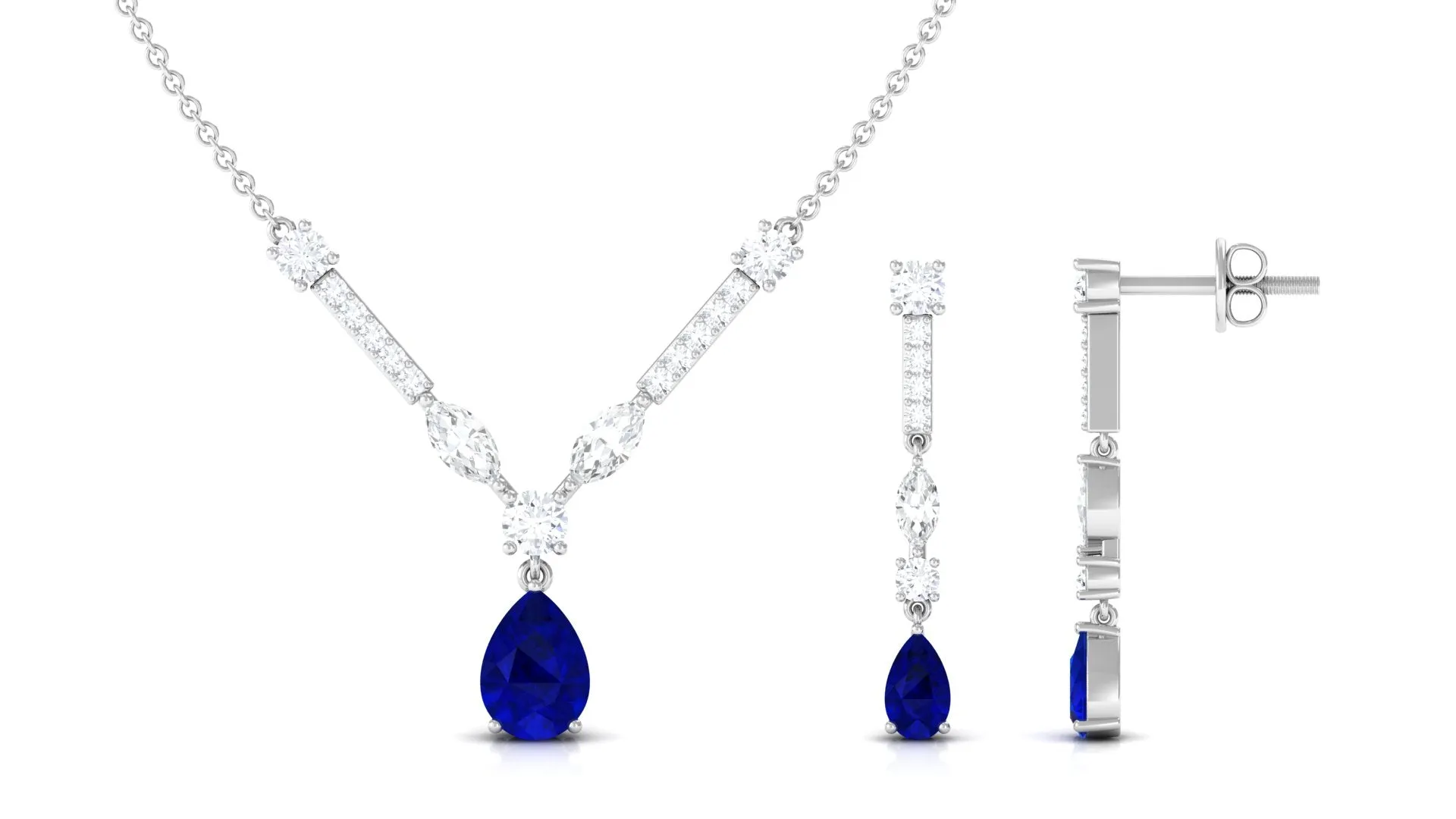 Created Blue Sapphire and Moissanite Drop Necklace Earrings Set