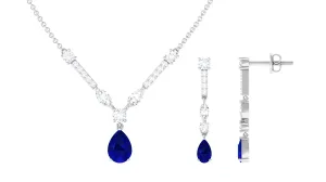 Created Blue Sapphire and Moissanite Drop Necklace Earrings Set