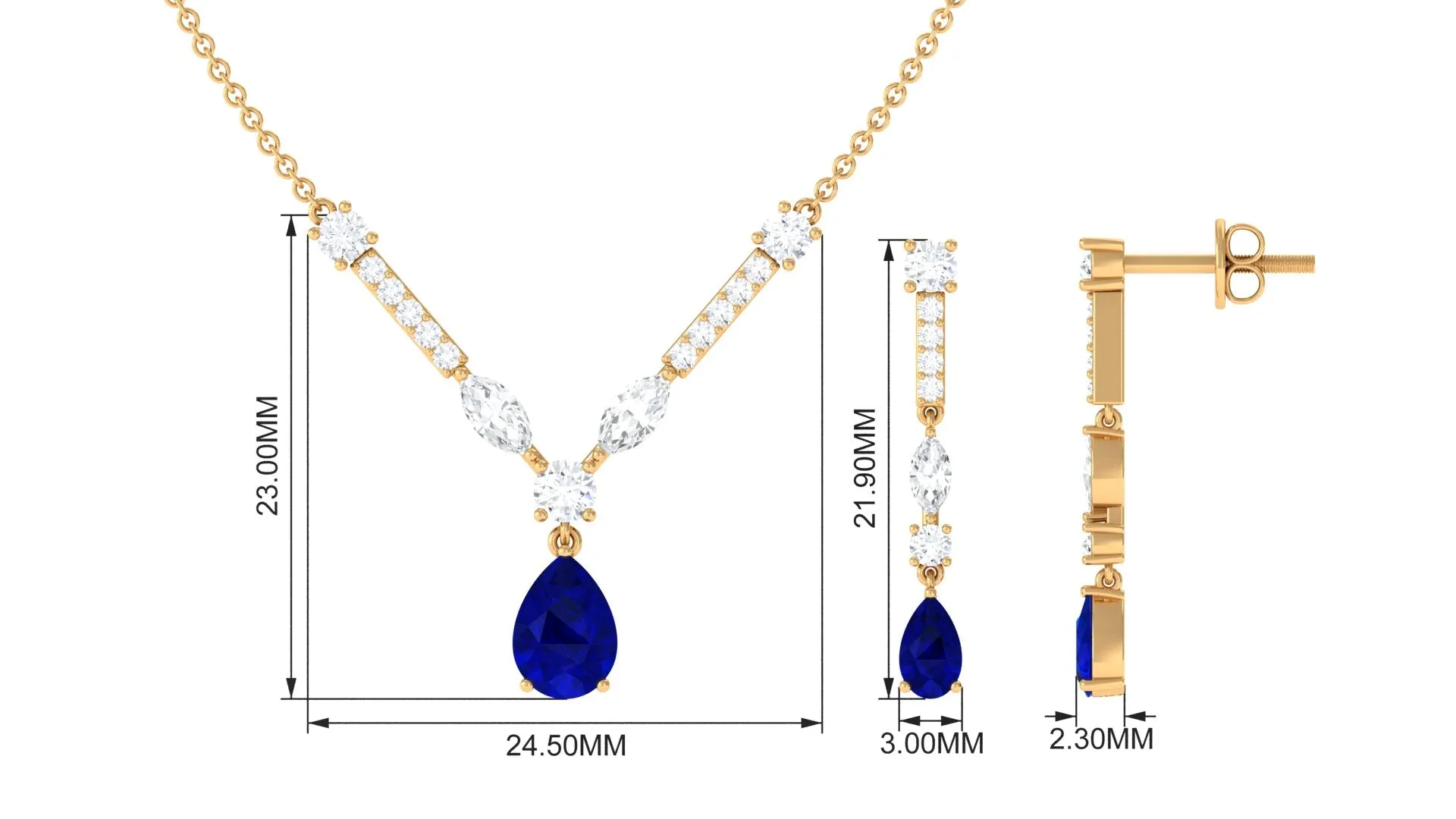 Created Blue Sapphire and Moissanite Drop Necklace Earrings Set