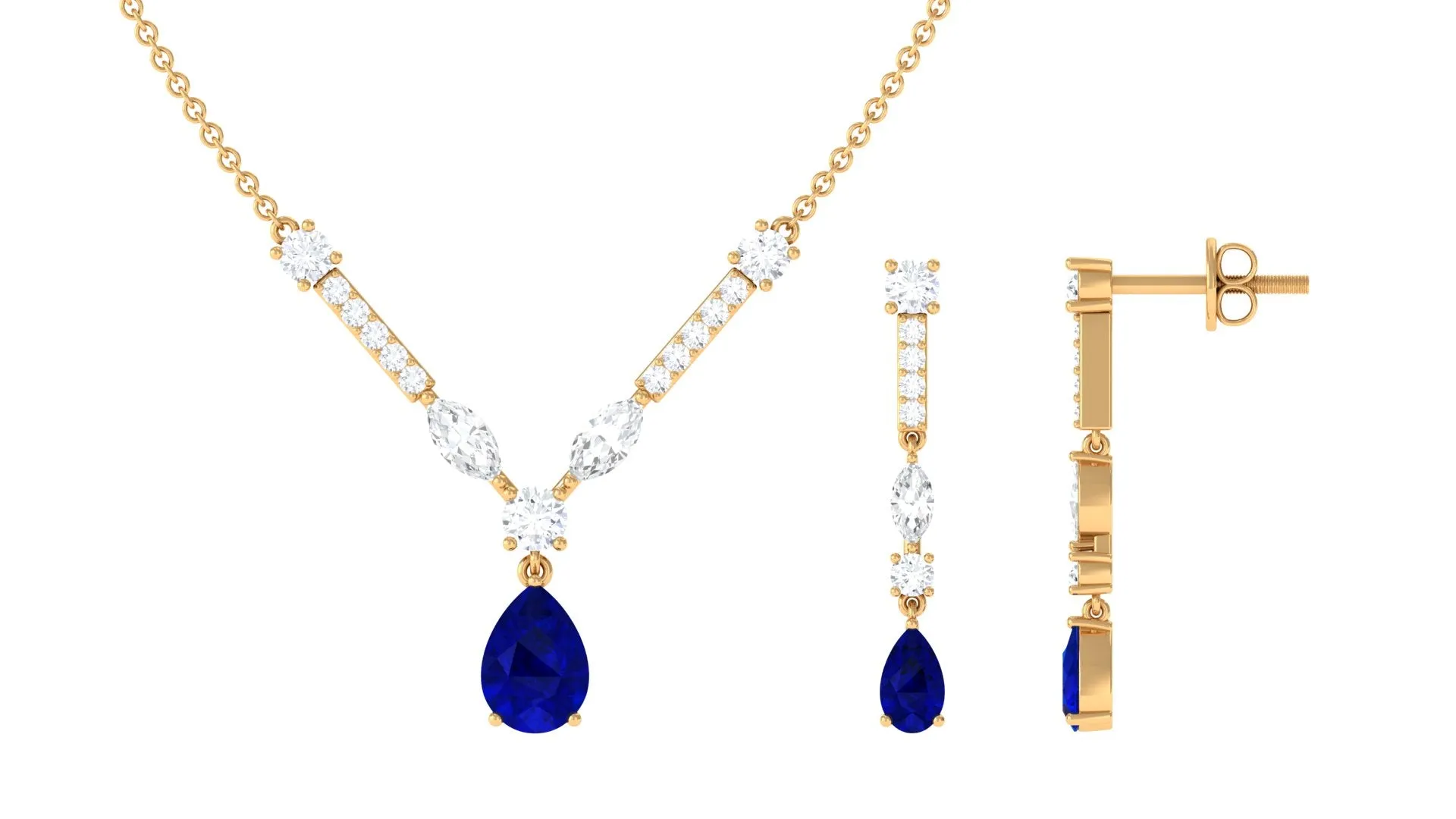 Created Blue Sapphire and Moissanite Drop Necklace Earrings Set