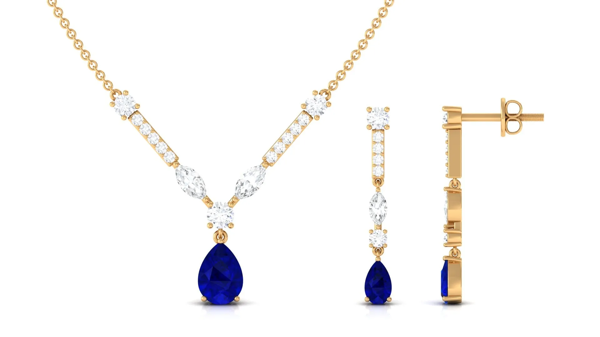 Created Blue Sapphire and Moissanite Drop Necklace Earrings Set