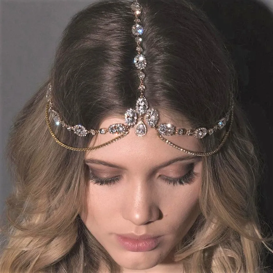 Crystal Encrusted Forehead Bridal Headpiece Hair Chain