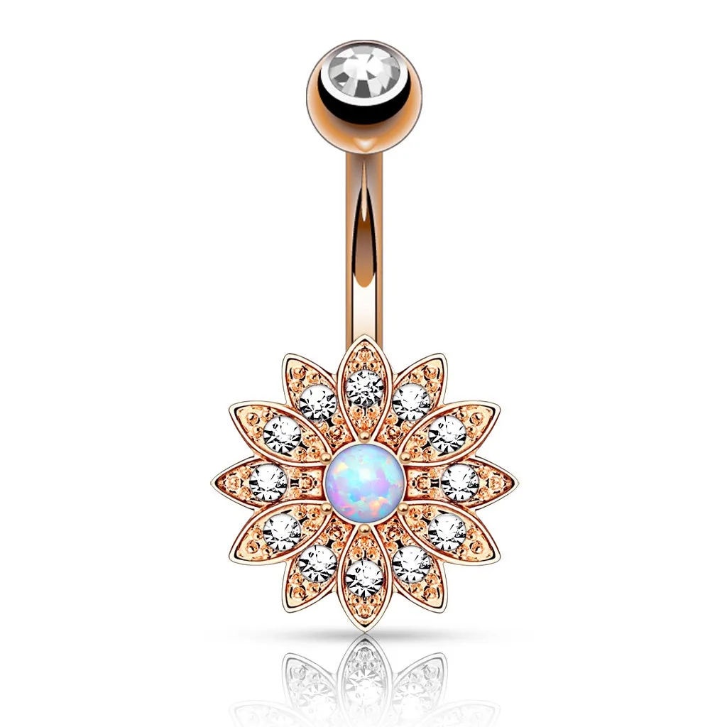 Crystal Paved Petals w/ Opal Center Flower Belly Ring