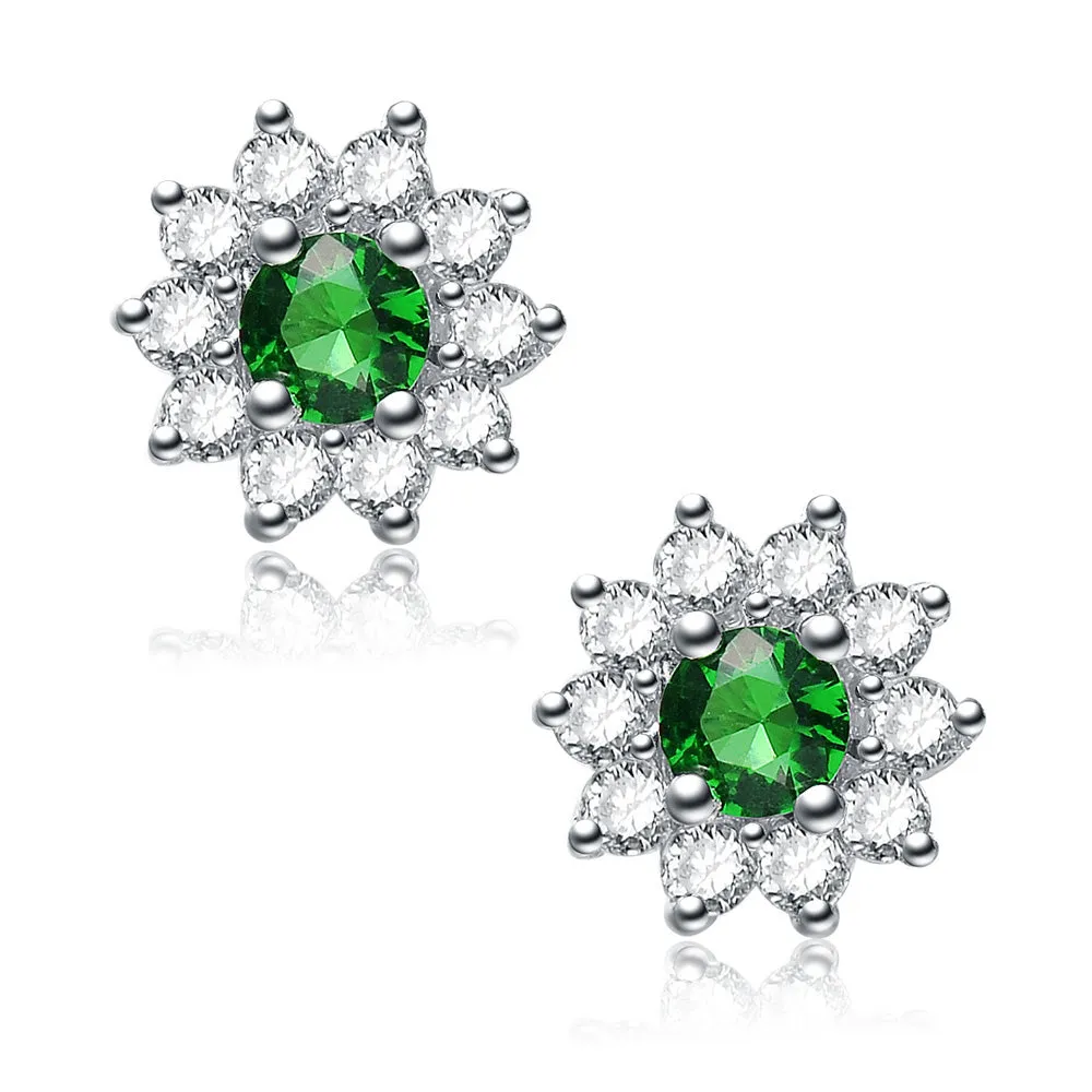 C.Z. Sterling Silver Rhodium Plated Round Emerald Earrings