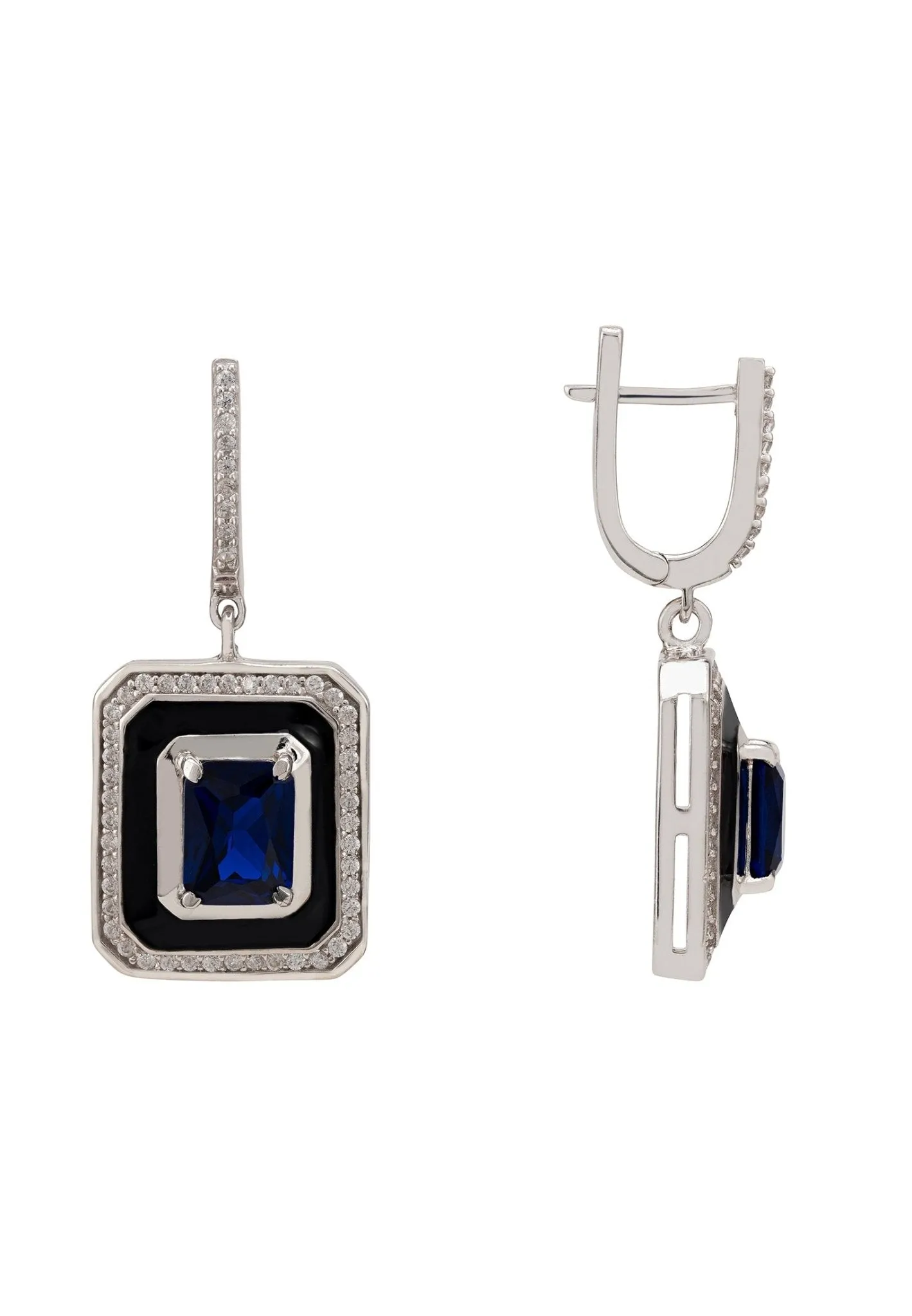 Deco Sapphire & Enamel Earrings Silver