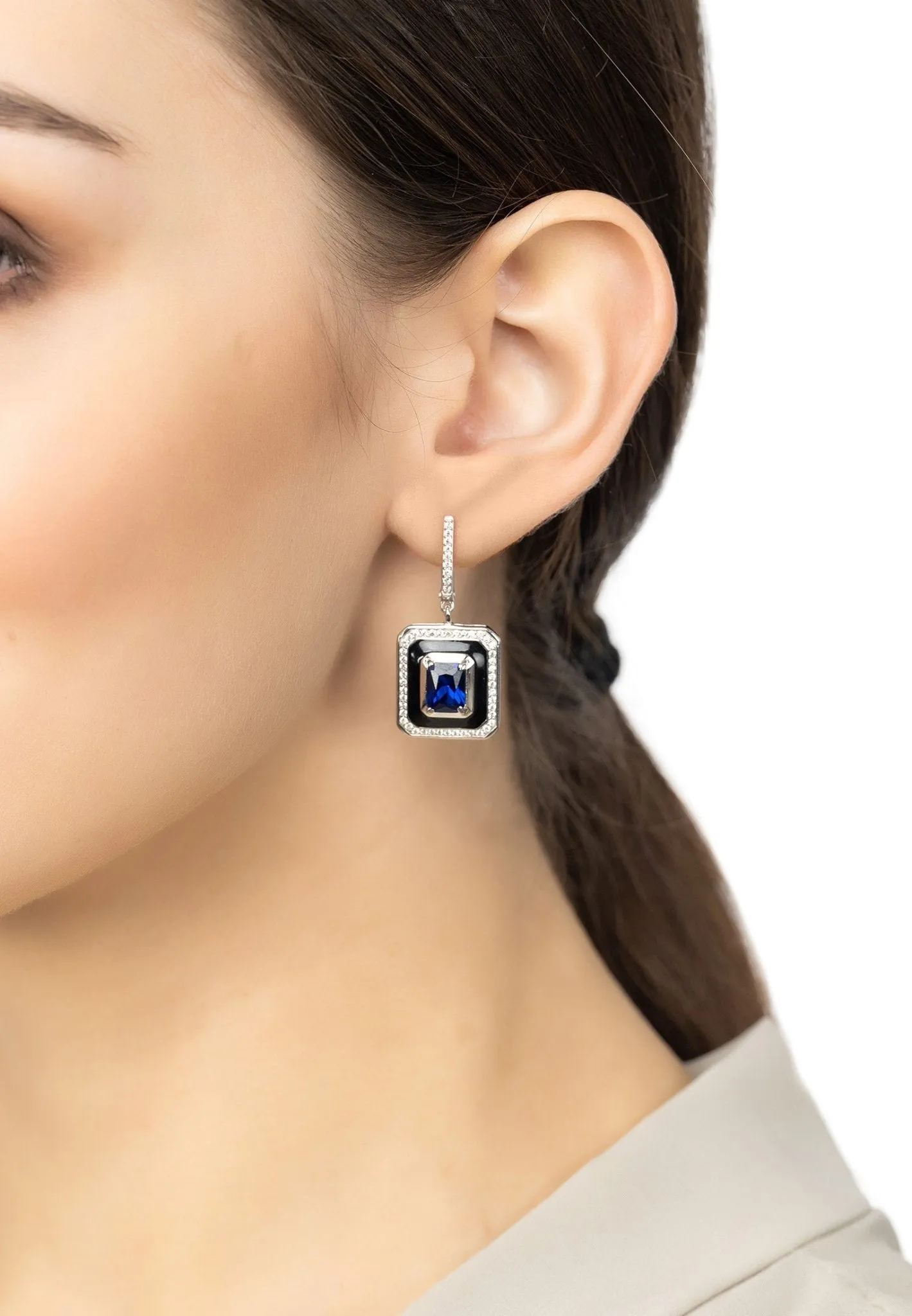 Deco Sapphire & Enamel Earrings Silver