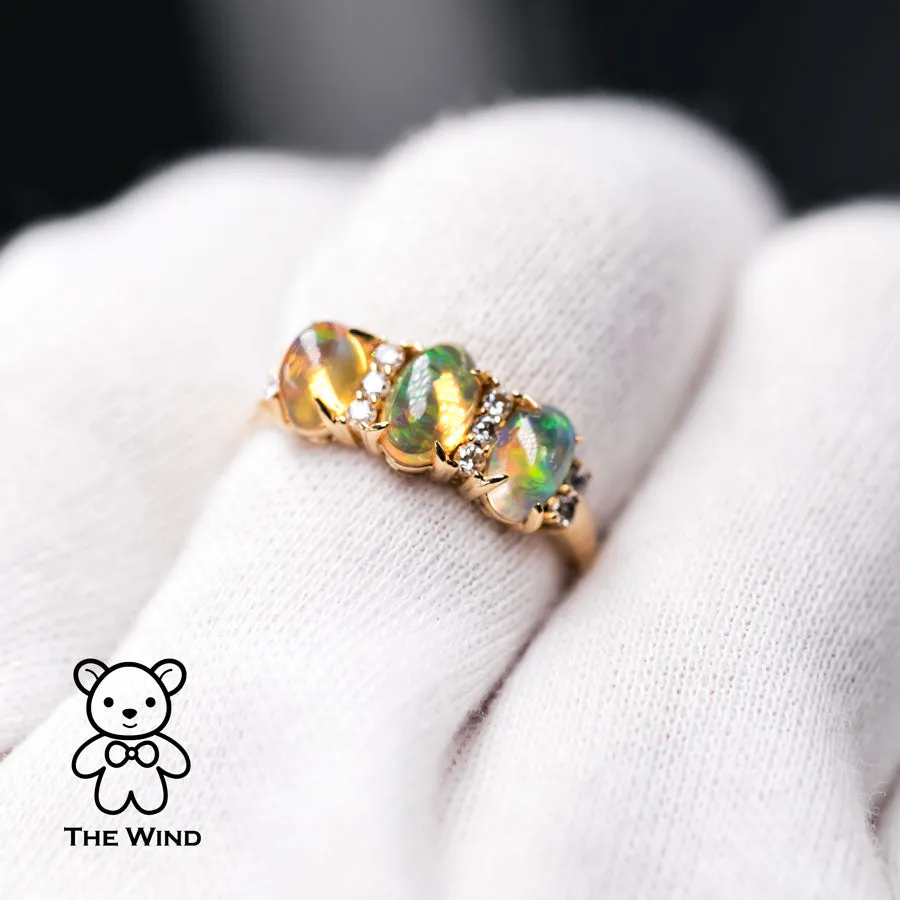 Diamond Mexican Fire Opal Eternity Wedding Ring 18K Yellow Gold