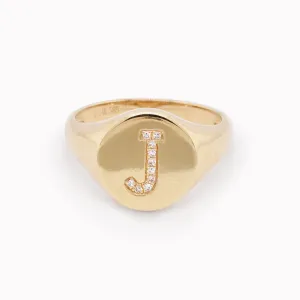 Diamond "J" Initial Signet Ring