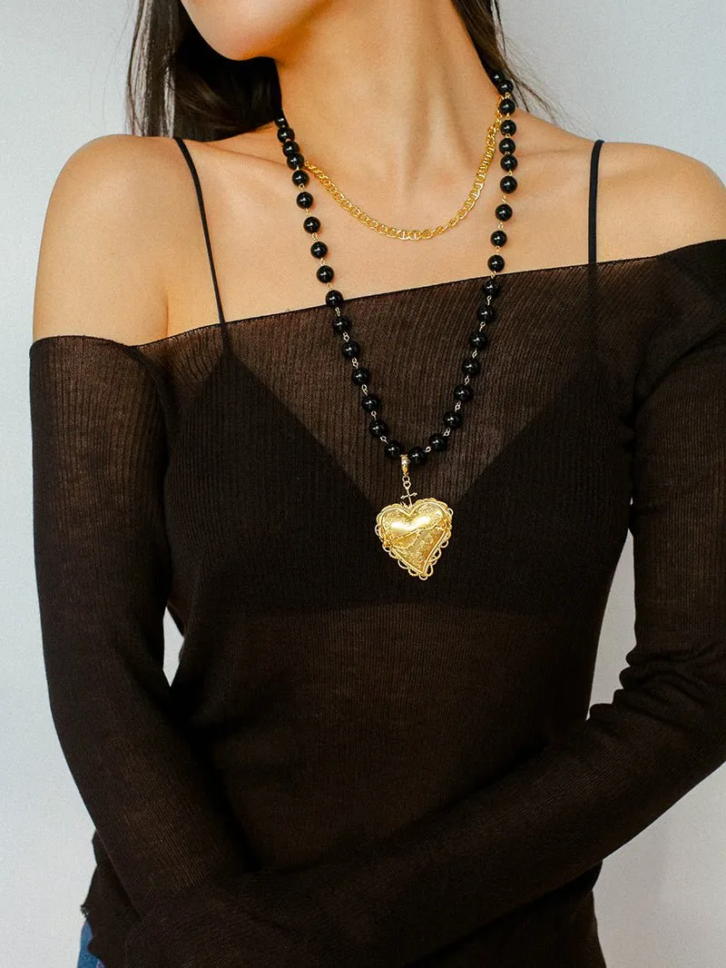 Double Layer Black Agate Large Heart Pendant Chain Necklace