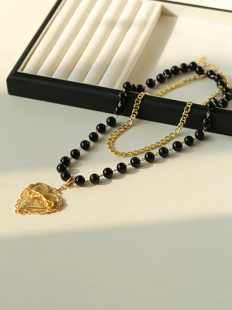 Double Layer Black Agate Large Heart Pendant Chain Necklace