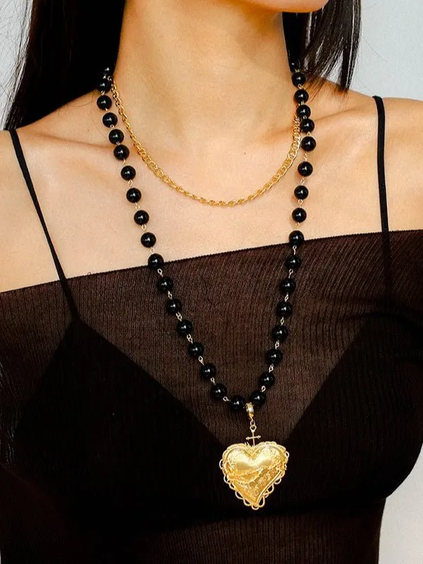 Double Layer Black Agate Large Heart Pendant Chain Necklace