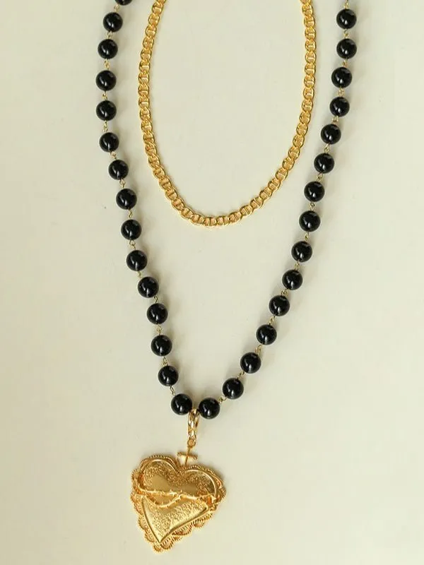 Double Layer Black Agate Large Heart Pendant Chain Necklace