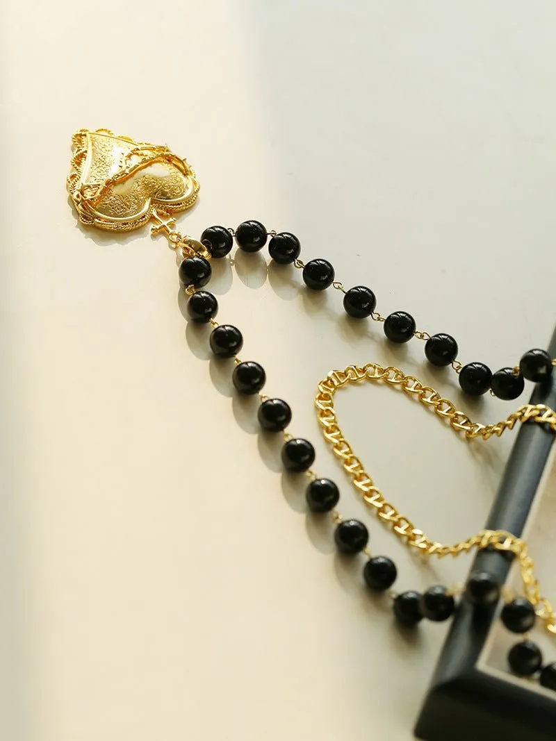 Double Layer Black Agate Large Heart Pendant Chain Necklace