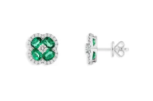 Earrings 18kt Gold Emerald Clovers Center Diamond & Halo Studs