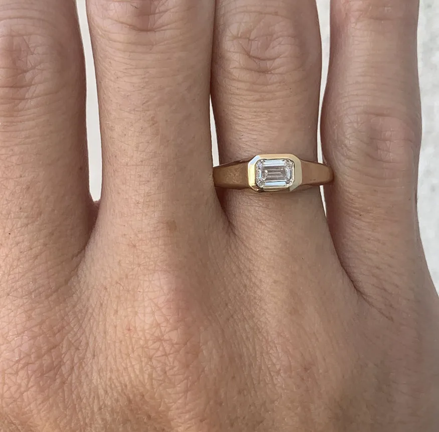 East West Emerald Cut Diamond Signet