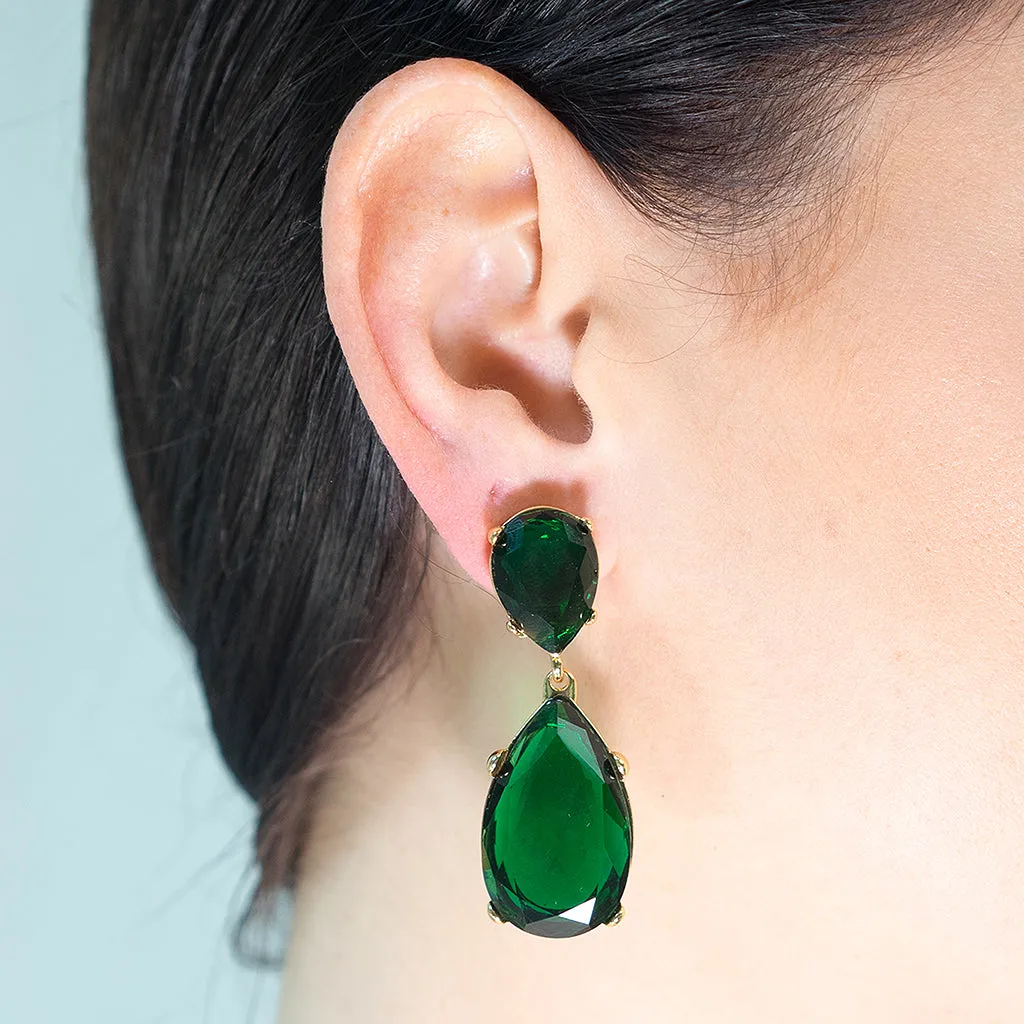 Emerald and Gold Teardrop Pierced or Clip Earrings