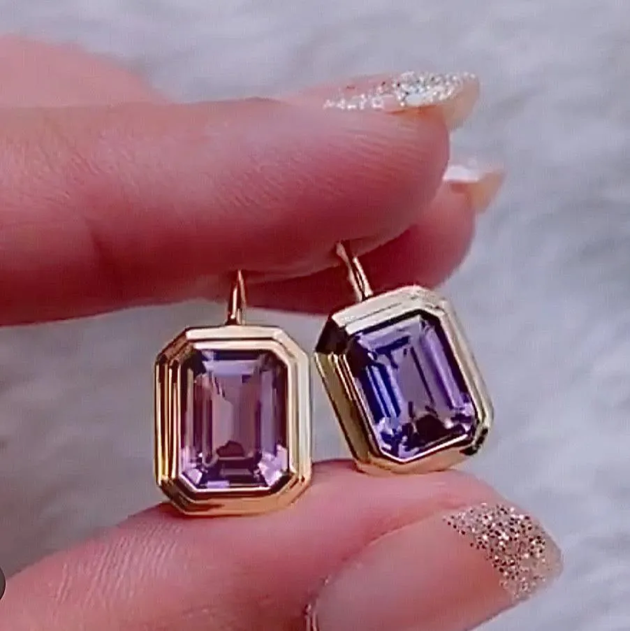 Emerald-Cut Amethyst Bezel Set Earrings