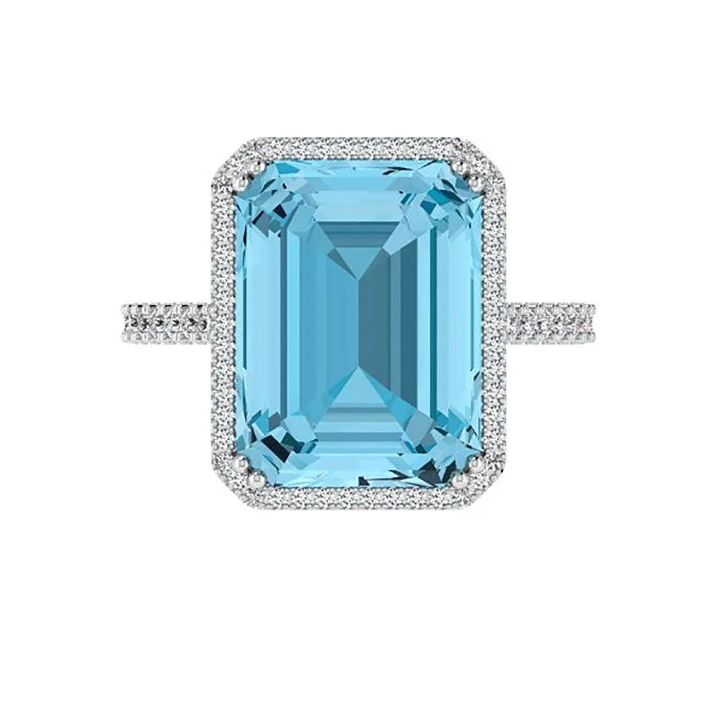 Emerald-Cut Blue Topaz Halo Ring