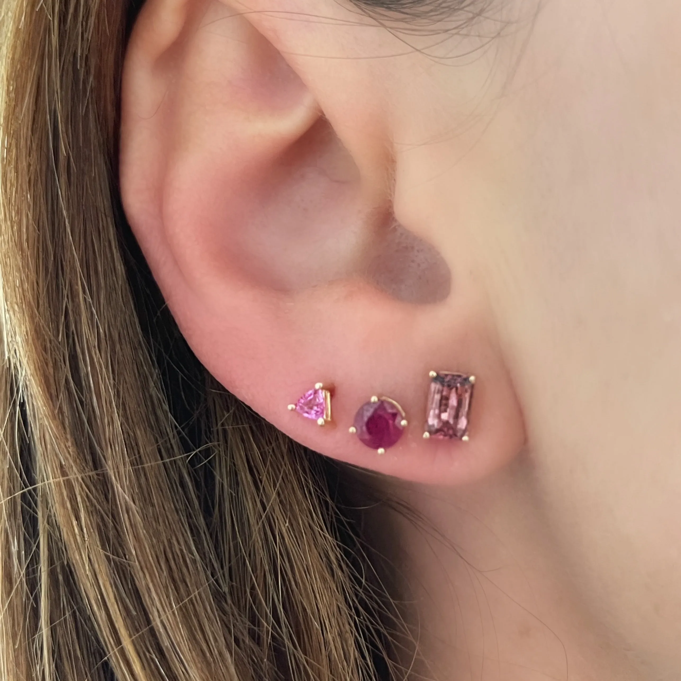 Emerald Cut Pink Tourmaline Sprinkle Stud Earrings