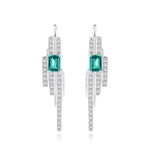 Emerald Simulant Silver Deco Earrings