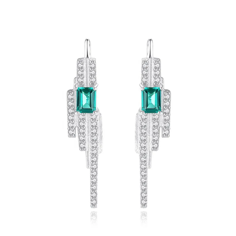 Emerald Simulant Silver Deco Earrings