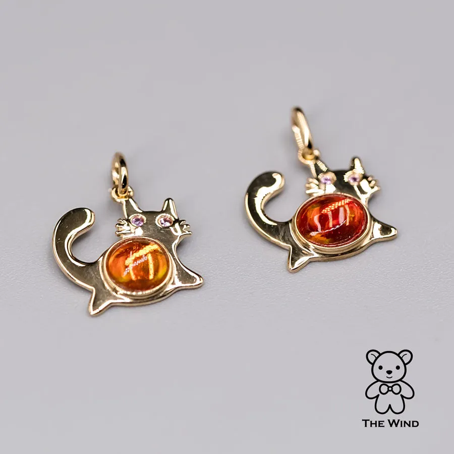 Fat Orange Cat - Mexican Fire Opal & Diamond Pendant 18K Yellow Gold