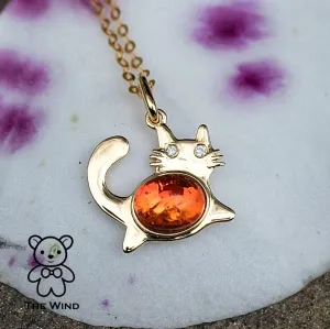 Fat Orange Cat - Mexican Fire Opal & Diamond Pendant 18K Yellow Gold