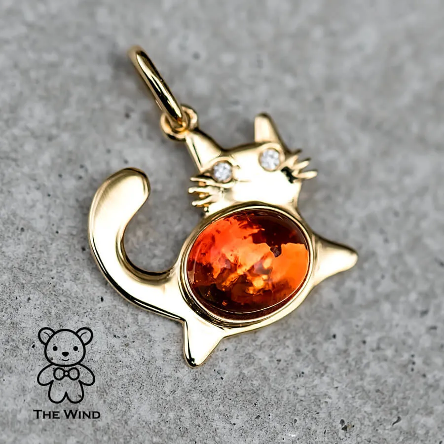 Fat Orange Cat - Mexican Fire Opal & Diamond Pendant 18K Yellow Gold