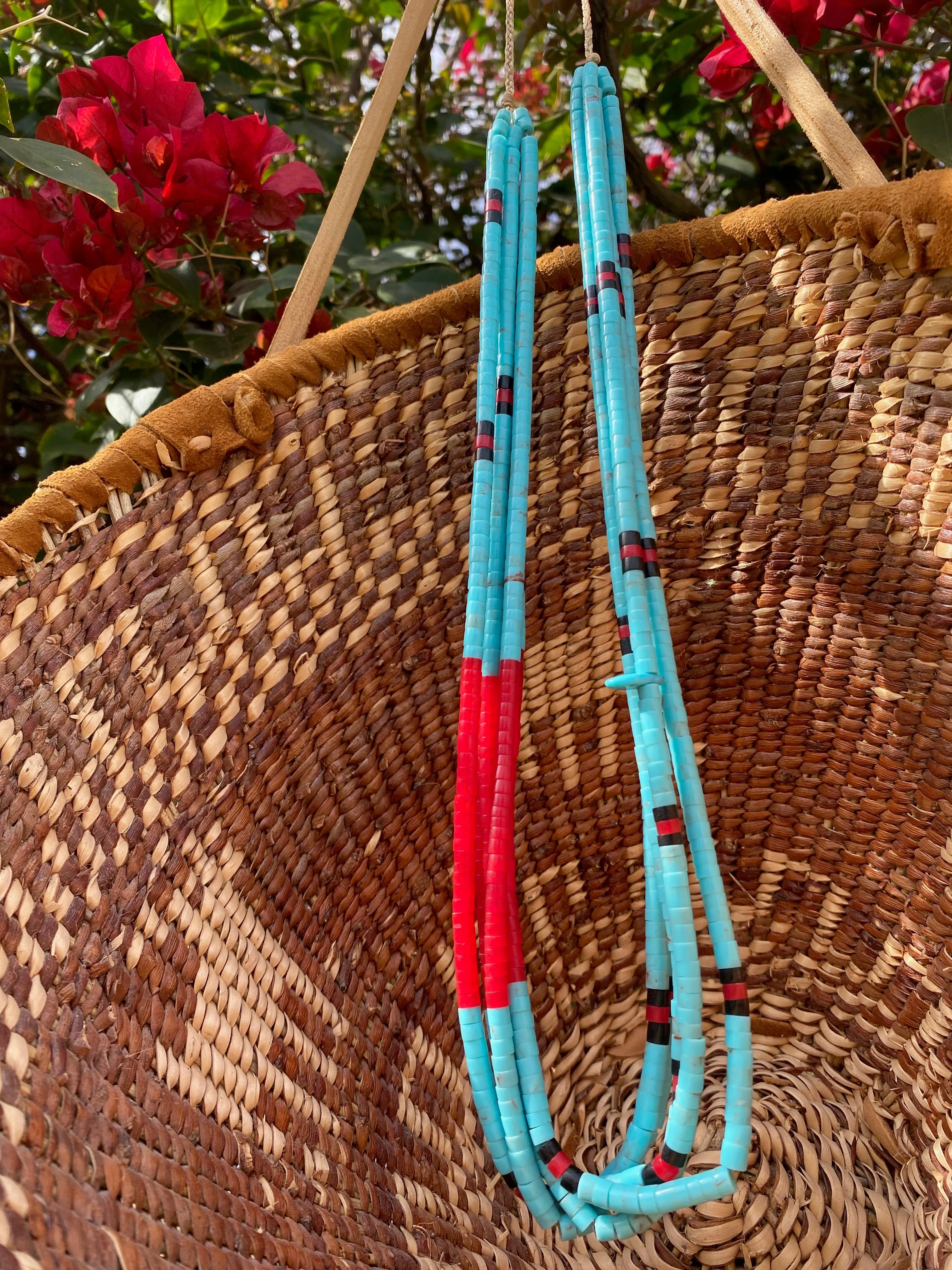 Five Strand Turquoise and Coral Heishi Style Necklace