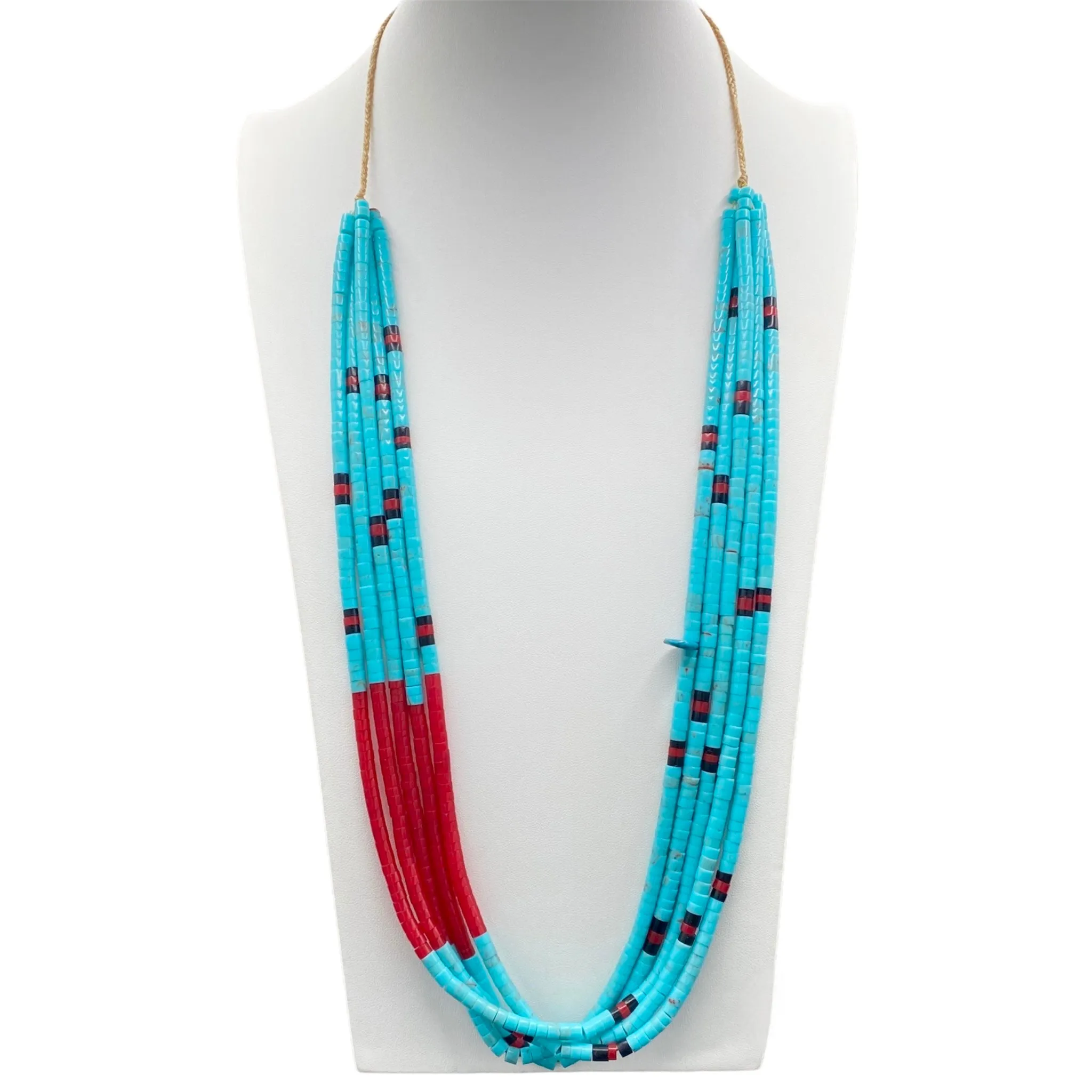 Five Strand Turquoise and Coral Heishi Style Necklace