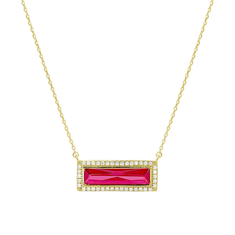 Gold Finish Sterling Silver Necklace with Rectangular Simulated Ruby Stone and Simulated Diamonds on 16" - 18" Chain