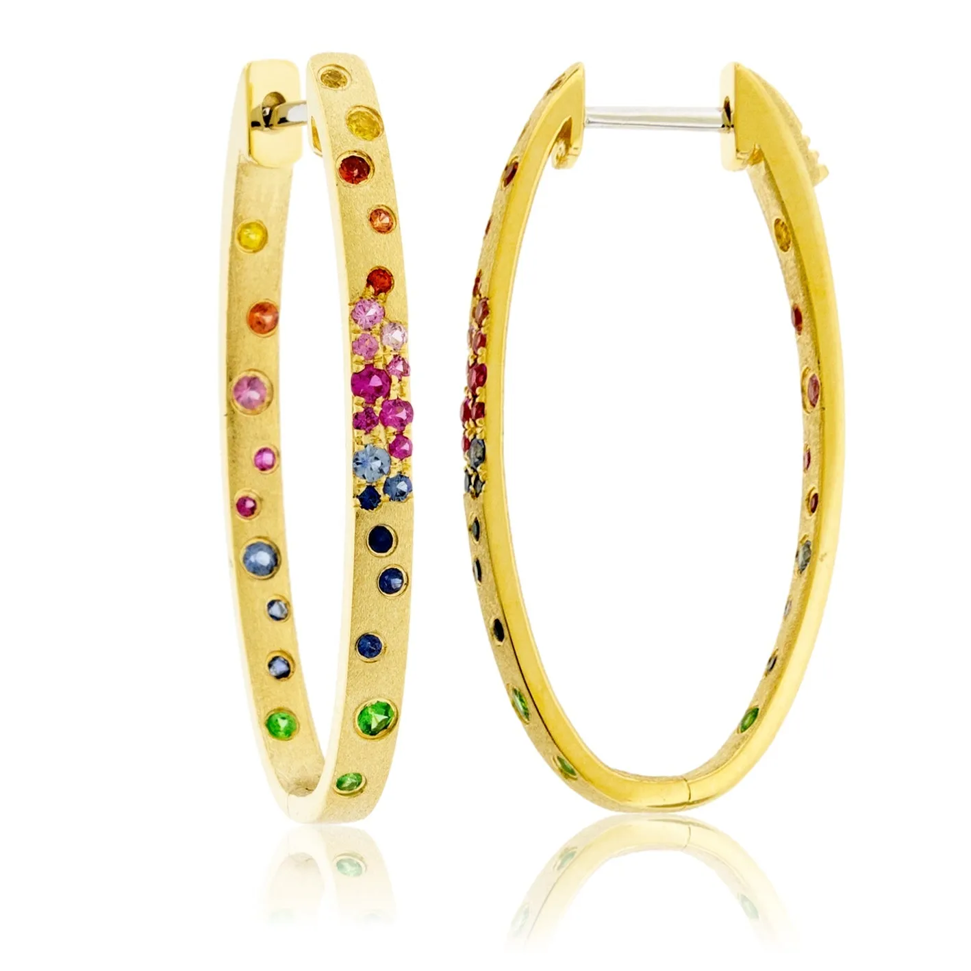 Gold Satin Finish Flush Set Rainbow Sapphire Oval Hoop Earrings