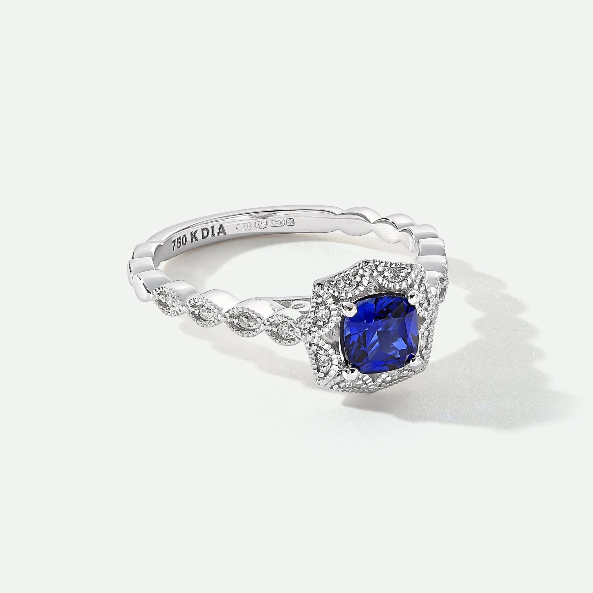 Harlow | 18ct White Gold 0.08ct tw Lab Grown Diamond and Created Sapphire Vintage Ring