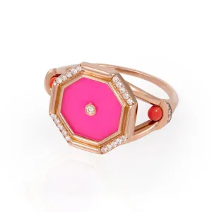 Hexagon Amulet Pinky Ring, Pink Agate