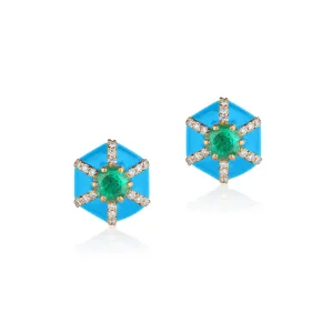 Hexagon Emerald Turquoise Stud Earrings with Diamonds