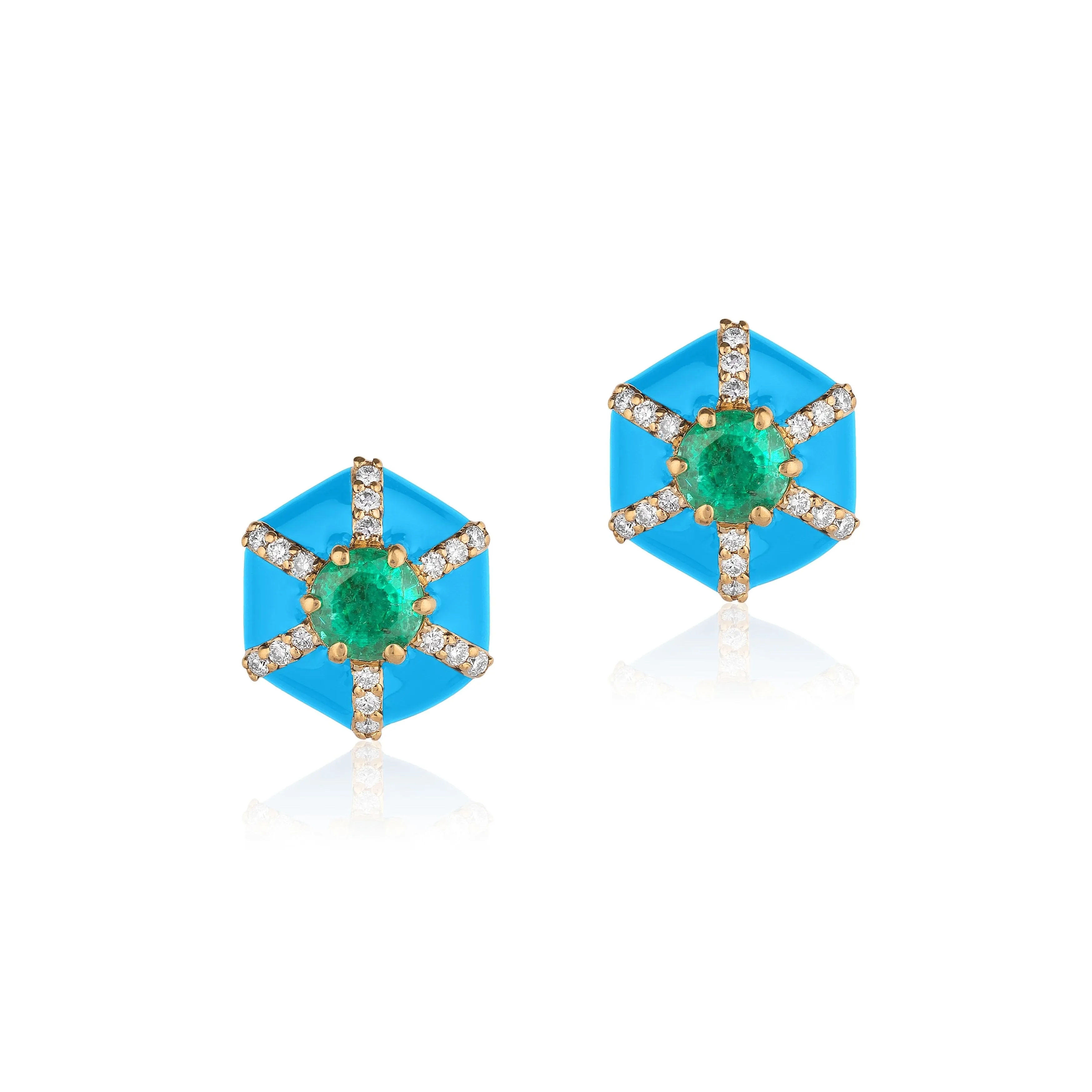 Hexagon Emerald Turquoise Stud Earrings with Diamonds