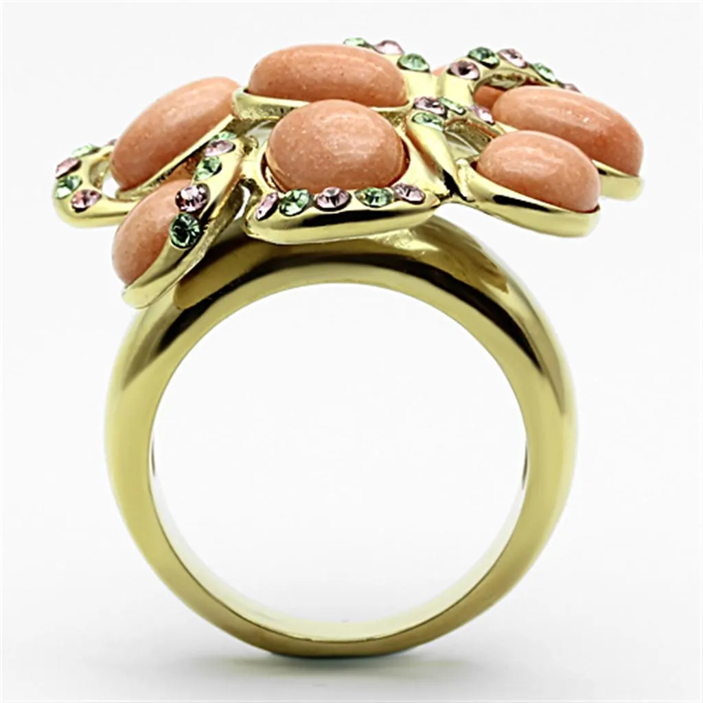 IP Gold(Ion Plating) Stainless Steel Ring with Synthetic Coral in Orange for Women Style TK1102