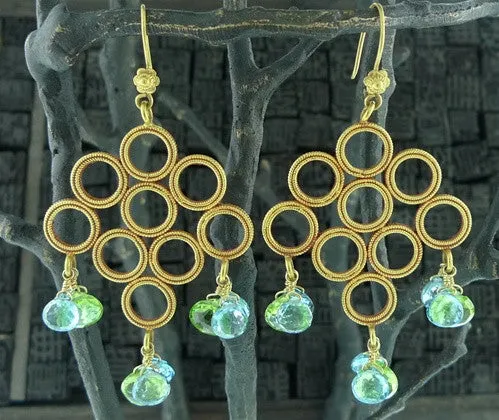 Julie Baker Chandelier Earrings with Blue Topaz, Peridot in 18K and 22K Gold