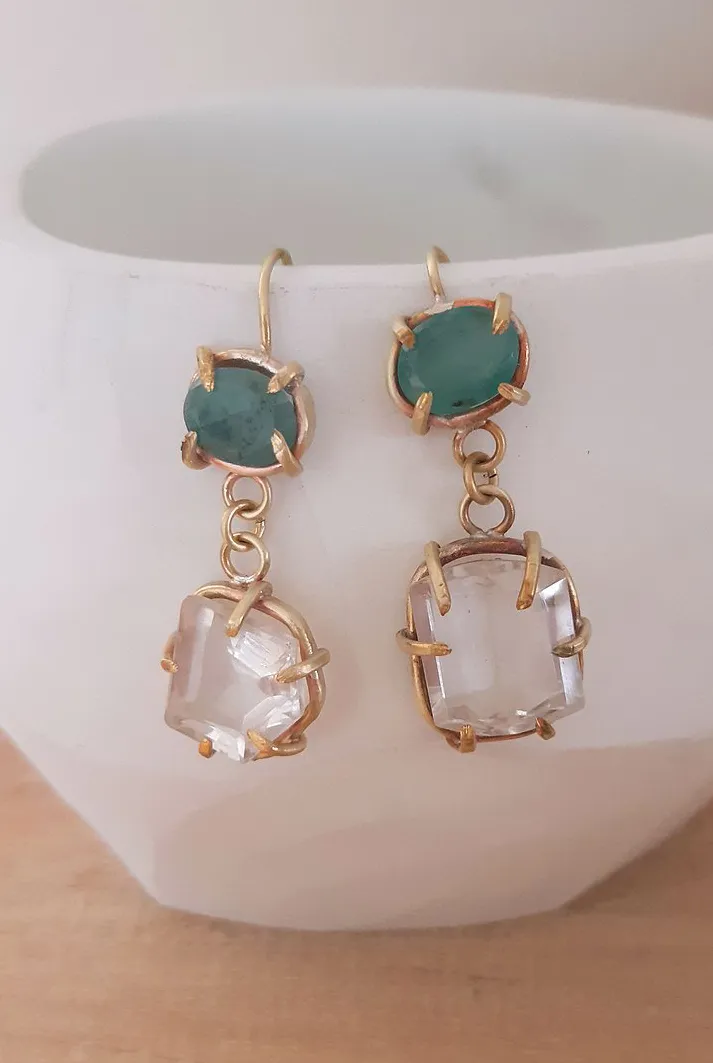 Kelpie Emerald and Rock Crystal Drop Earrings