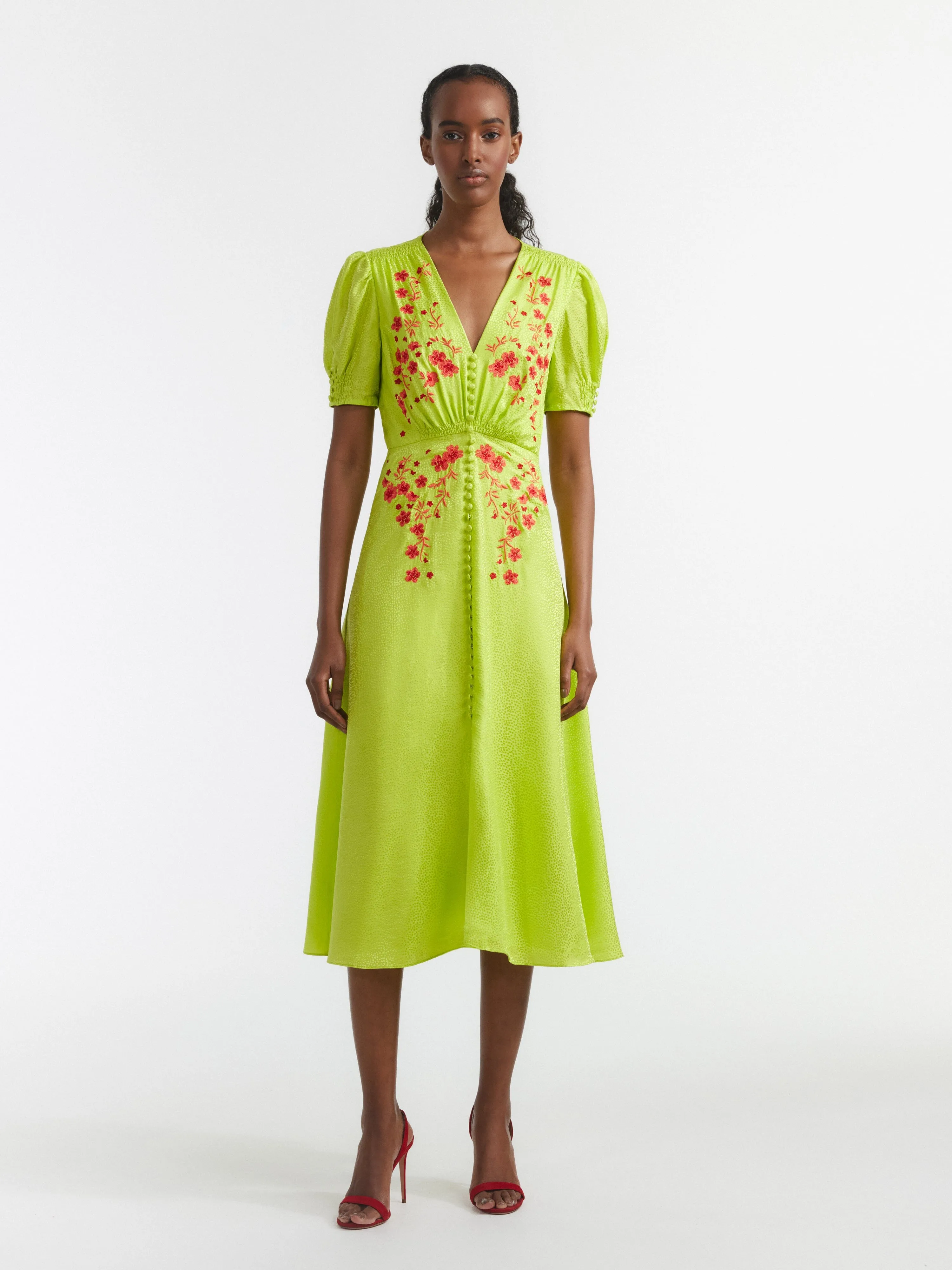 Lea Dress in Lime Coral Embroidery